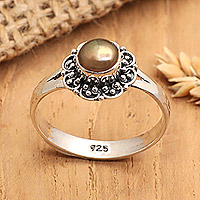 Cultured pearl single-stone ring, 'Summer Bloom' - Cultured Pearl and Sterling Silver Floral Single Stone Ring