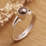 Cultured pearl solitaire ring, 'Petite Chic' - Sterling Silver Solitaire Ring with Brown Cultured Pearl