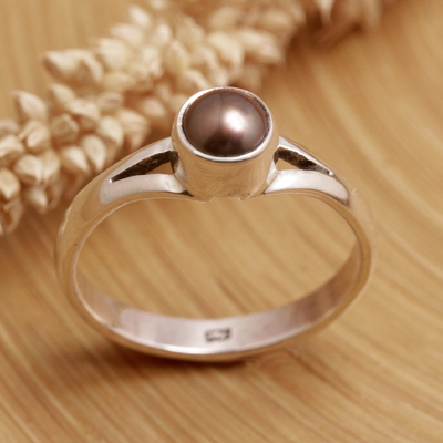 Cultured pearl solitaire ring, 'Petite Chic' - Sterling Silver Solitaire Ring with Brown Cultured Pearl