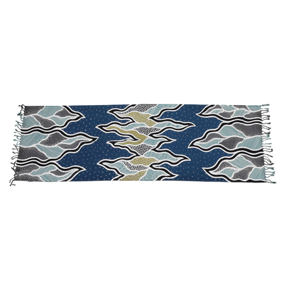 Bufanda de rayón batik - Bufanda de rayón batik con flecos azul y gris hecha a mano en Java