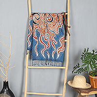 Batik rayon scarf, 'Beautiful Seagrass' - Blue and Orange Fringed Batik Rayon Scarf Handmade in Java