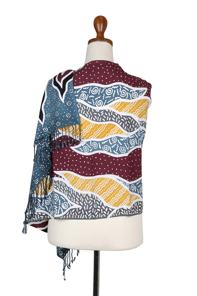 Batik rayon scarf, 'Ocean Magic Hour' - Mulberry & Azure Fringed Batik Rayon Scarf Handmade in Java