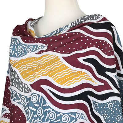 Batik rayon scarf, 'Ocean Magic Hour' - Mulberry & Azure Fringed Batik Rayon Scarf Handmade in Java