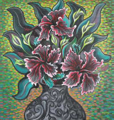 'Tropical Hibiscus' - Pintura impresionista acrílica floral firmada sin estirar