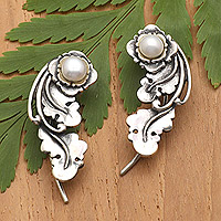 Escaladores de orejas de perlas cultivadas - Pendientes trepadores florales de plata de ley con perlas grises