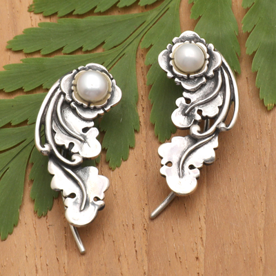 Escaladores de orejas de perlas cultivadas - Pendientes trepadores florales de plata de ley con perlas grises