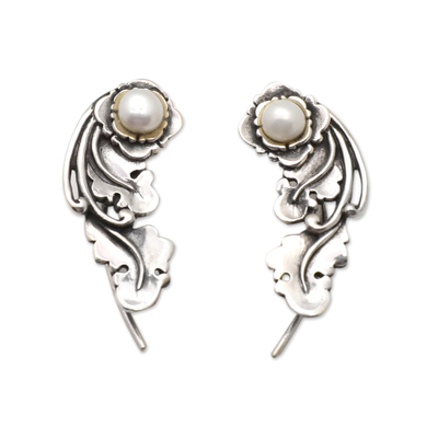 Cultured pearl ear climbers, 'Ever Heavenly' - Floral Sterling Silver Ear Climbers with Grey Pearls