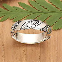 Sterling Silber Bandring, 'Classic Present' - Traditioneller Sterling Silber Bandring mit Blattdetails