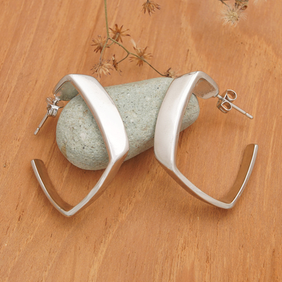 Sterling silver half-hoop earrings, 'Geometric Dame' - Minimalist Geometric Sterling Silver Half-Hoop Earrings
