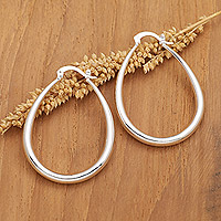 Sterling silver hoop earrings, 'Minimalist Maiden' - Oval Sterling Silver Hoop Earrings in a High Polish Finish