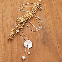 Cultured pearl lariat pendant necklace, 'Origami Lanterns' - Geometric Sterling Silver Pendant Necklace with White Pearls