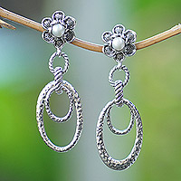 Cultured pearl dangle earrings, 'Innocence Will Flourish' - Floral Sterling Silver Dangle Earrings with White Pearls