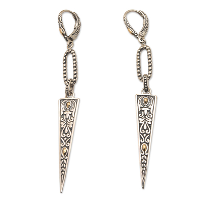 Gold-accented sterling silver dangle earrings, 'Gianyar Pyramids' - 18k Gold-Accented Dangle Earrings with Traditional Motifs