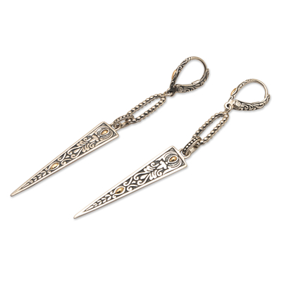 Gold-accented sterling silver dangle earrings, 'Gianyar Pyramids' - 18k Gold-Accented Dangle Earrings with Traditional Motifs