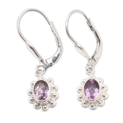 Amethyst dangle earrings, 'Wise Flower' - Sterling Silver Floral Dangle Earrings with Amethyst Gems