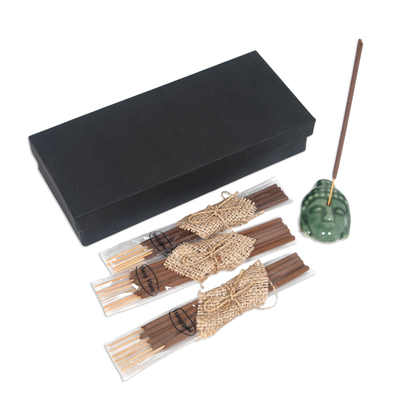 Ceramic incense set, 'Green Vesak Celebration' - Buddha-Themed Green Ceramic Incense Set with 18 Sticks