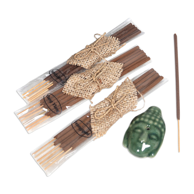 Ceramic incense set, 'Green Vesak Celebration' - Buddha-Themed Green Ceramic Incense Set with 18 Sticks