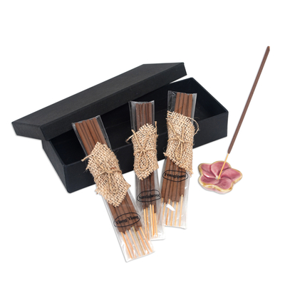 Ceramic incense set, 'Frangipani Sweetness' - Incense Set with 18 Sticks and a Pink Floral Ceramic Holder