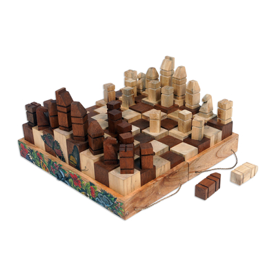 Wood chess set, 'Monarch Strategy' - Butterfly and Flower-Themed Wood Chess Set from Bali