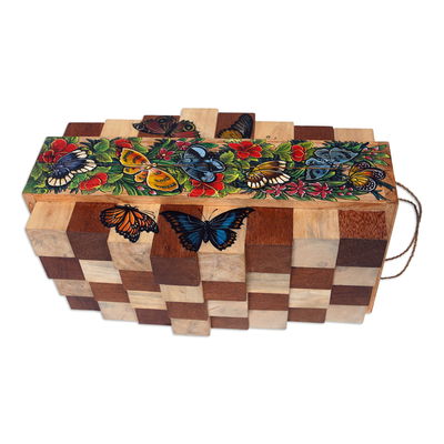 Wood chess set, 'Monarch Strategy' - Butterfly and Flower-Themed Wood Chess Set from Bali