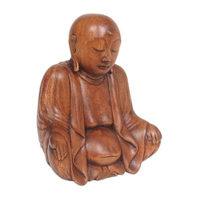Wood sculpture, 'Meditative Bhiksu' - Hand-Carved Suar Wood Bhiksu Monk Sculpture from Indonesia