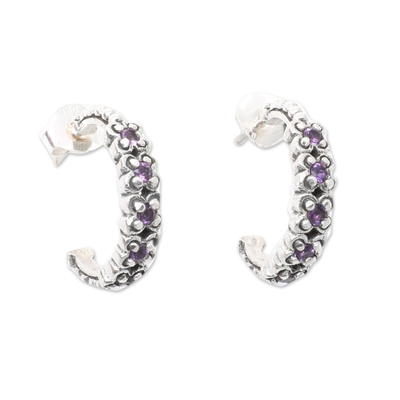 Amethyst half-hoop earrings, 'Purple Bloom' - Sterling Silver and Amethyst Floral Half-Hoop Earrings