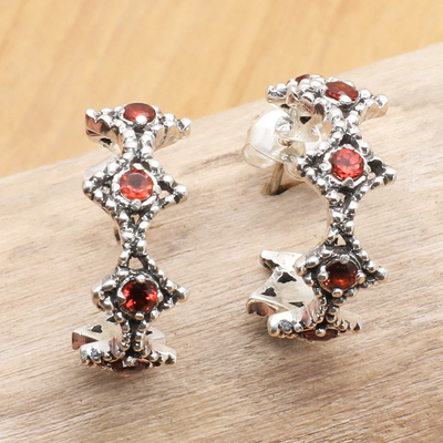 Garnet Crystal Earrings with Ornate Sterling Silver Beads - Simple