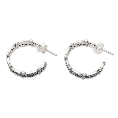 Sterling silver half-hoop earrings, 'Twisted Path' - Sterling Silver Half-Hoop Earrings with Balinese Motifs