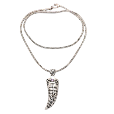 Men’s amethyst pendant necklace, 'Mighty Purple' - Men’s 925 Silver Fang Pendant Necklace with Amethyst Stone