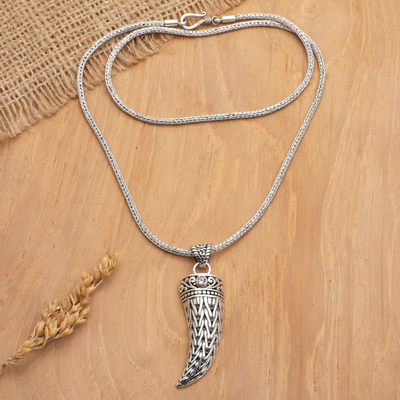 Men’s amethyst pendant necklace, 'Mighty Purple' - Men’s 925 Silver Fang Pendant Necklace with Amethyst Stone