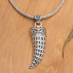 Men’s citrine pendant necklace, 'Mighty Yellow' - Men’s 925 Silver Fang Pendant Necklace with Citrine Stone