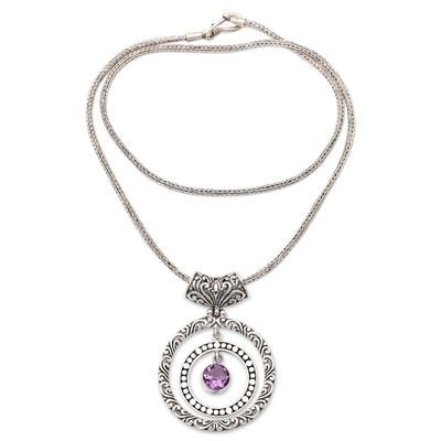 Amethyst pendant necklace, 'Hypnotic Purple' - 925 Silver Pendant Necklace with Dangling Amethyst Stone