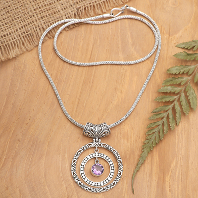 Amethyst pendant necklace, 'Hypnotic Purple' - 925 Silver Pendant Necklace with Dangling Amethyst Stone