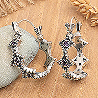 Amethyst hoop earrings, 'Purple Rhombus' - Rhombus-Themed Sterling Silver and Amethyst Hoop Earrings