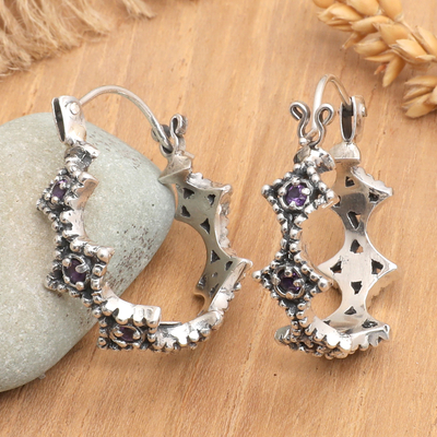 Amethyst hoop earrings, 'Purple Rhombus' - Rhombus-Themed Sterling Silver and Amethyst Hoop Earrings