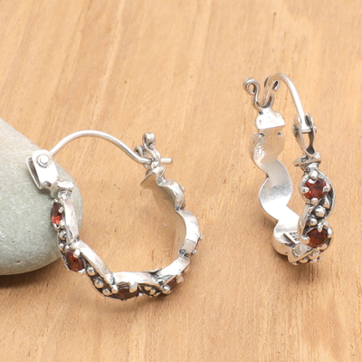 Garnet hoop earrings, 'Supreme Red' - Sterling Silver & Garnet Hoop Earrings with Oxidized Finish