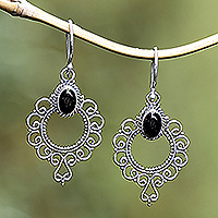 Onyx dangle earrings, 'Protective Morning Flowers' - Swirling Sterling Silver Dangle Earrings with Onyx Cabochons