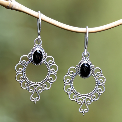 Onyx dangle earrings, 'Protective Morning Flowers' - Swirling Sterling Silver Dangle Earrings with Onyx Cabochons