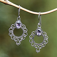 Amethyst dangle earrings, 'Wise Morning Flowers' - Swirling Sterling Silver Dangle Earrings with Amethyst Gems