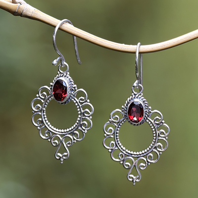 Garnet dangle earrings, 'Passionate Morning Flowers' - Swirling Sterling Silver Dangle Earrings with Garnet Gems