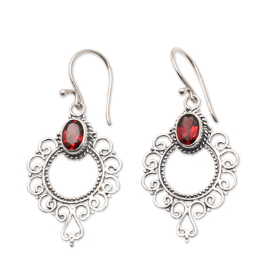 Garnet dangle earrings, 'Passionate Morning Flowers' - Swirling Sterling Silver Dangle Earrings with Garnet Gems