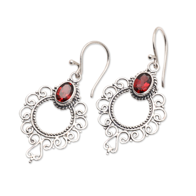 Garnet dangle earrings, 'Passionate Morning Flowers' - Swirling Sterling Silver Dangle Earrings with Garnet Gems