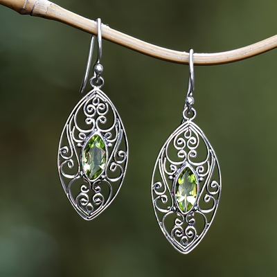 Peridot filigree dangle earrings, 'Fortune Eyes' - Sterling Silver Filigree Dangle Earrings with Peridot Jewels