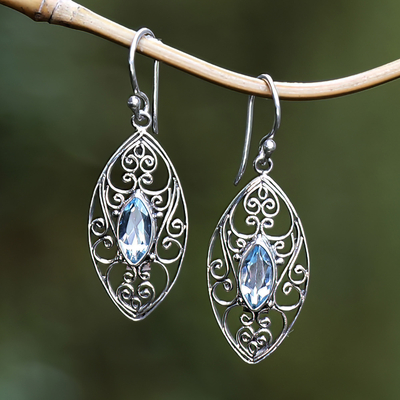 Blue topaz filigree dangle earrings, 'Loyalty Eyes' - Sterling Silver Filigree Dangle Earrings with Blue Topaz