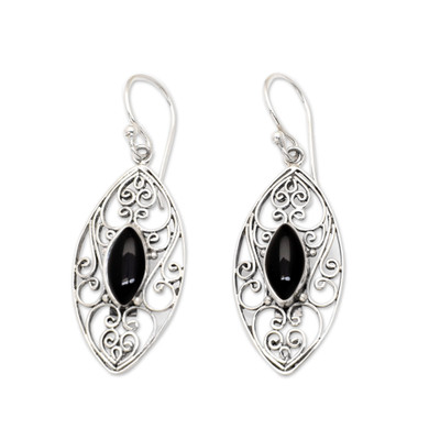 Onyx filigree dangle earrings, 'Guard Eyes' - Sterling Silver Filigree Dangle Earrings with Onyx Jewels