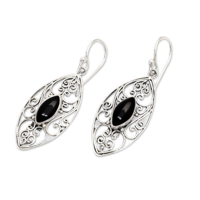 Onyx filigree dangle earrings, 'Guard Eyes' - Sterling Silver Filigree Dangle Earrings with Onyx Jewels