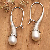 Cultured pearl drop earrings, 'Pearly Sophistication' - Polished Sterling Silver Drop Earrings with White Pearls