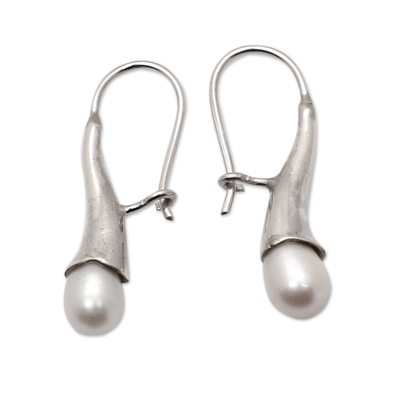 Cultured pearl drop earrings, 'Pearly Sophistication' - Polished Sterling Silver Drop Earrings with White Pearls