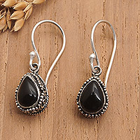 Onyx dangle earrings, 'Guardian Drops' - Sterling Silver Dangle Earrings with Drop Onyx Jewels