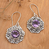 Amethyst dangle earrings, 'Purple Frangipani' - Amethyst and Silver Dangle Earrings with Frangipani Motif
